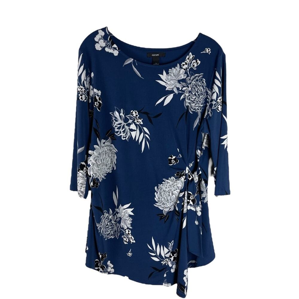 Alfani blue white floral stretchy wrap office classic top large